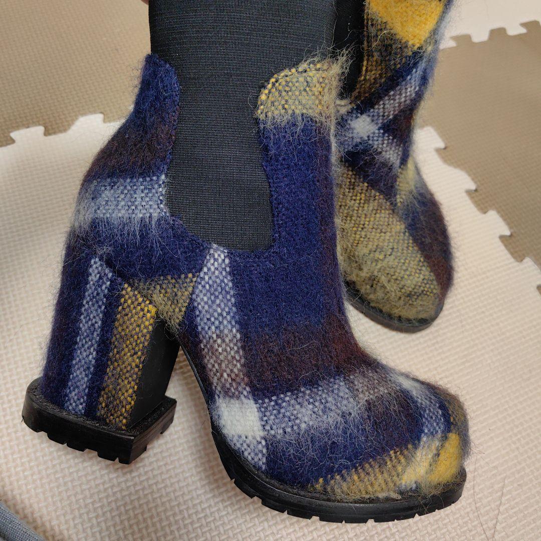 【数回着用】sacai ニット チェック ヒールブーツ〈定価97,900円〉37