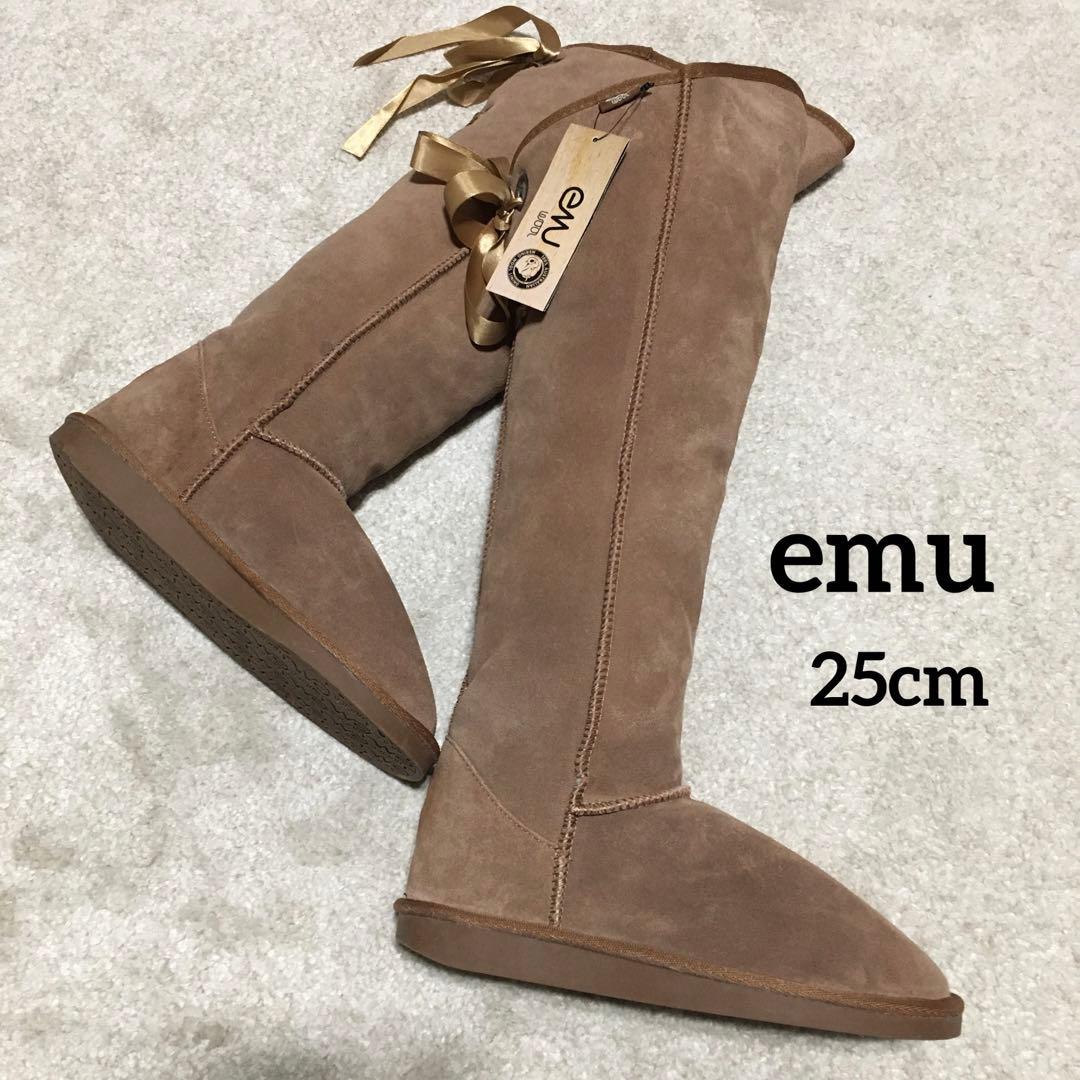emu ♫ ニーハイ ムートンブーツ キャメル ブラウン 25cm W8 リボン