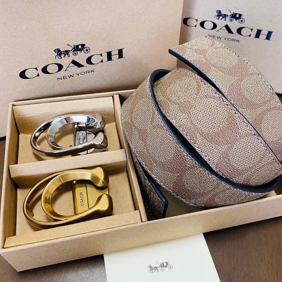 セール COACHコーチ新品正規品リバーシブルレザーベルト 回転バックル2個