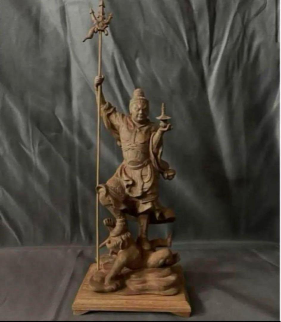 仏教工芸品　総楠製　井波彫刻　極上彫　木彫仏像　毘沙門天立像