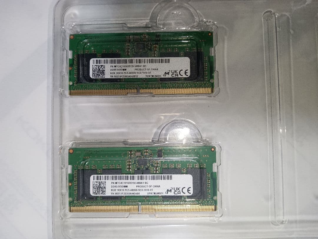 8GB×2枚16GB　DDR5 4800メモリモジュール　メイカー不明